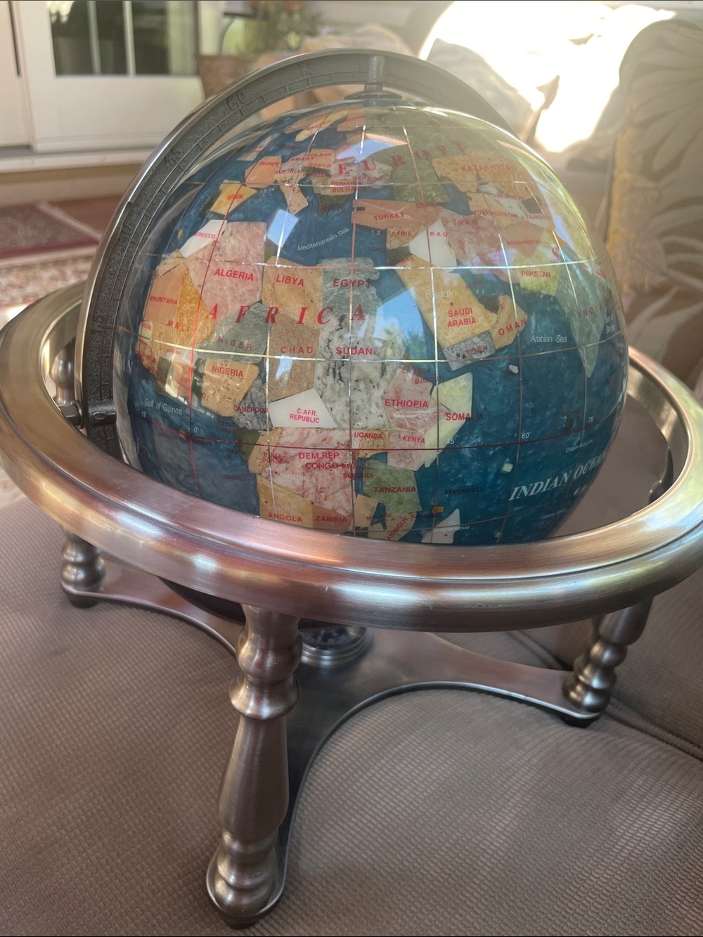 Unique Semi Precious Stones Revolving Globe on Silver Stand